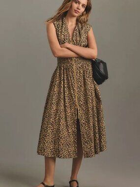 Maeve Leopard-Print Zip Front Midi Dress - Brown/Black